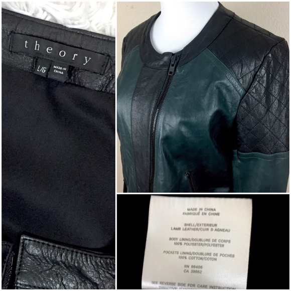 THEORY Maisie Leather Colorblock Moto Crop Jacket LARGE Green Bomber Designer - Picture 8 of 8